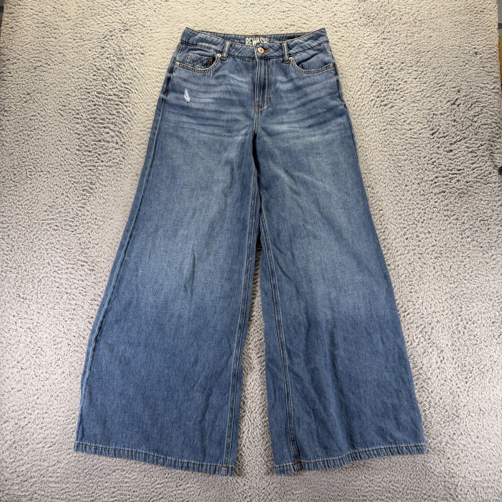Rewash Brand Jeans Women's 3 Blue Cotton Denim Wide Leg Travel Workwear Faded